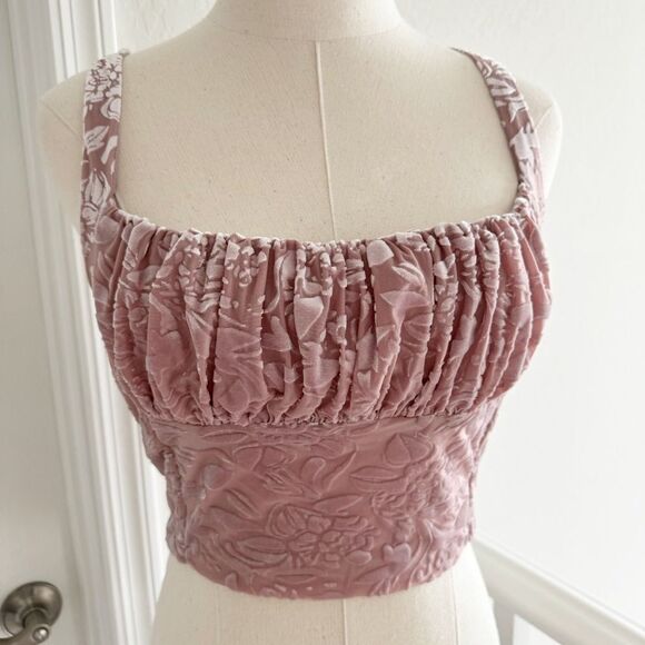 Velvet tank top cropped bustier milkmaid Dusty Rose pink Floral coquette sexy - Picture 8 of 14